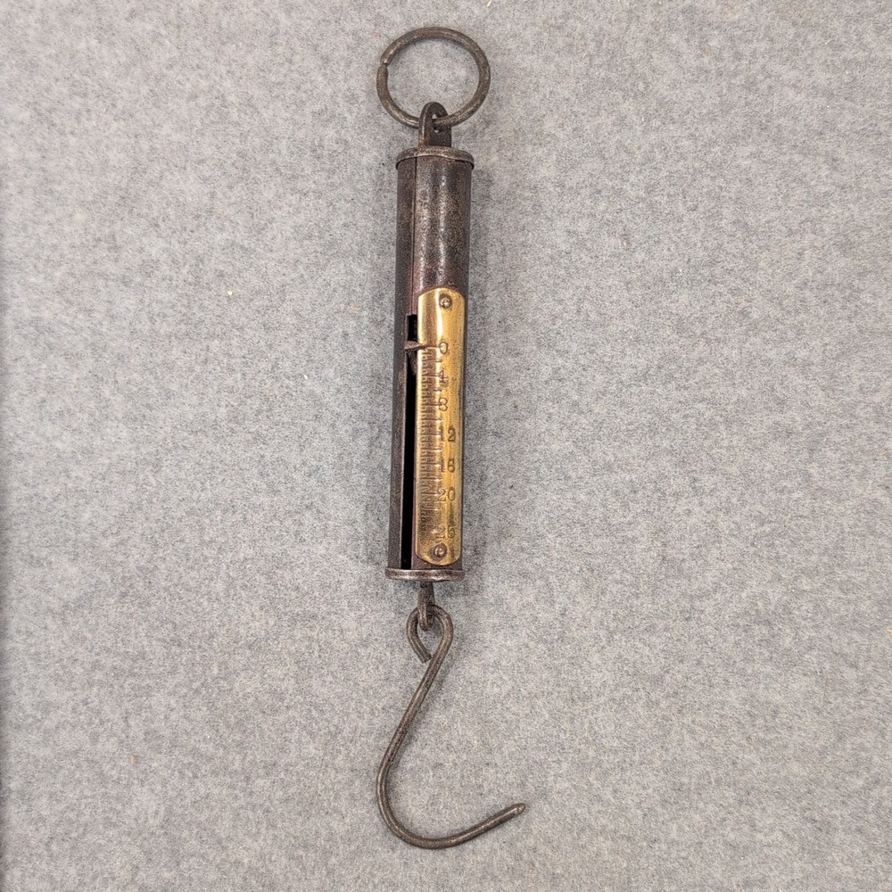 Antique Brass & Iron Hanging Spring Scale w/ Hook Ring – c.1890s Farm Tool